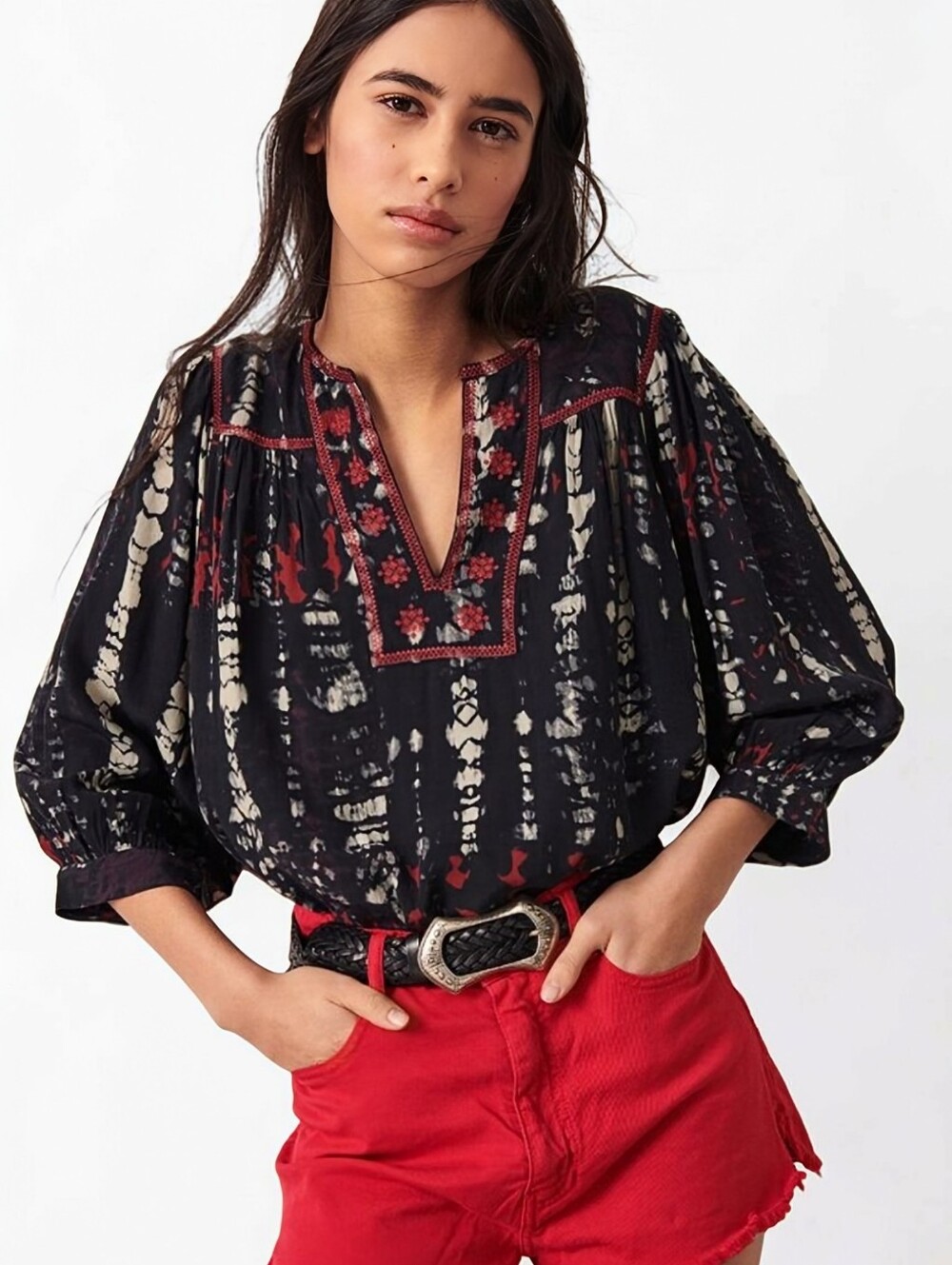 BA&SH Idris Black Tie Dye Embroidered Boho Blouse Top Size 2 M